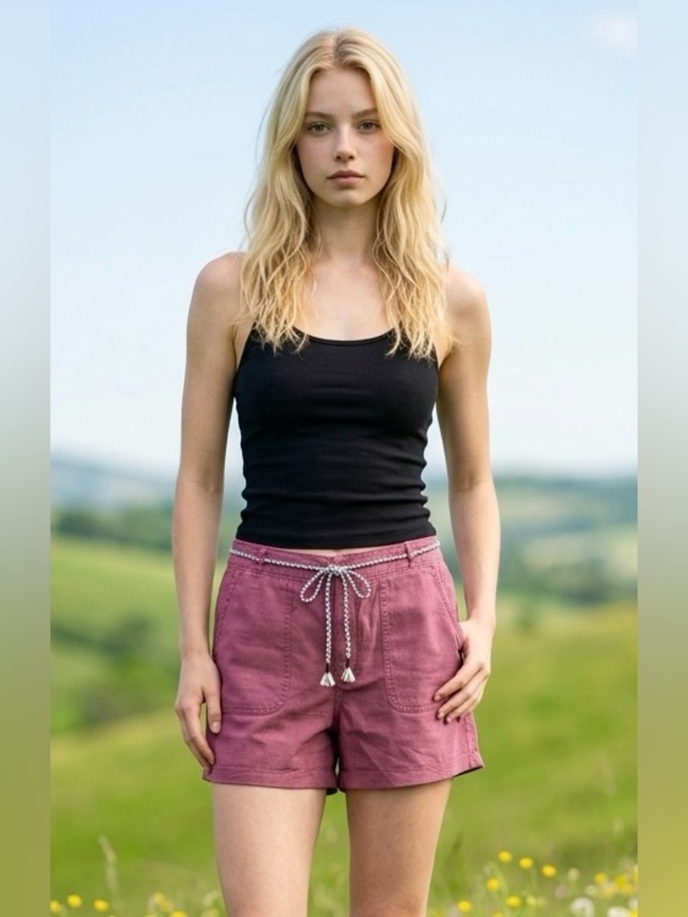 C&C California Linen Blend Utility Shorts Rope Belt Deep Mauve Size 12 EUC